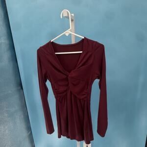 Women's Fuchsia Long Sleeve V-Neck Ruched Tunic Blouse 100% Cotton Size M